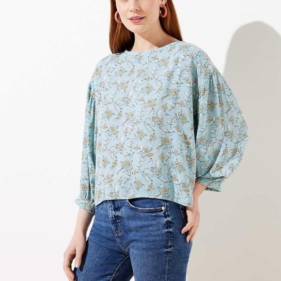 Loft Women’s Aqua Floral Print Mixed Blouse Size XS Blouson Sleeves - Picture 1 of 10